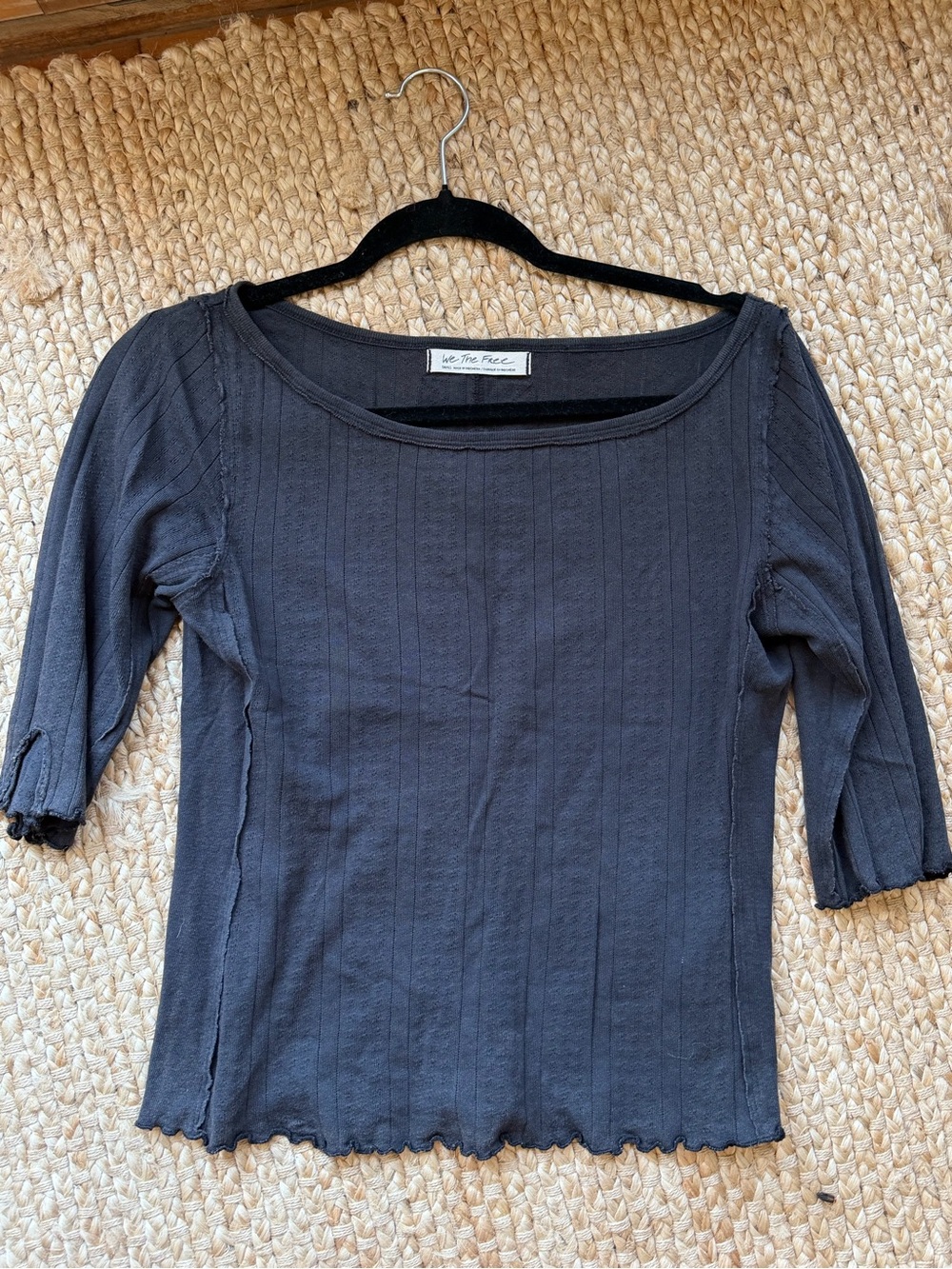 We The Free Black Ribbed Scoop Neck 3/4 Sleeve Top